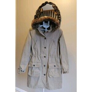 Massimo Dutti Tan Fur Trim Hooded Parka Coat Jacket Womens M Utility